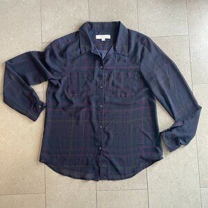 Ann Taylor Loft Sheer Navy Blouse Shirt Maroon, Pink & Green Plaid-MED